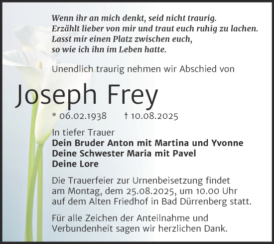 Traueranzeige von Joseph Frey von Trauerkombi Merseburg