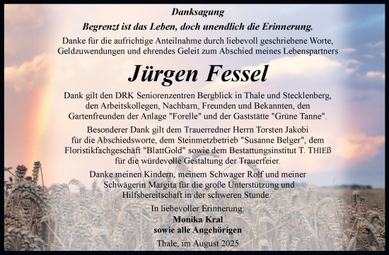 Traueranzeige von Jürgen Fessel von Trauerkombi Quedlinburg