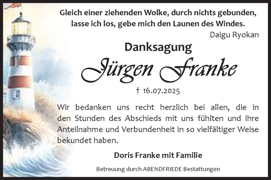 Traueranzeige von Jürgen Franke von Volksstimme Haldensleben/Wolmirstedt