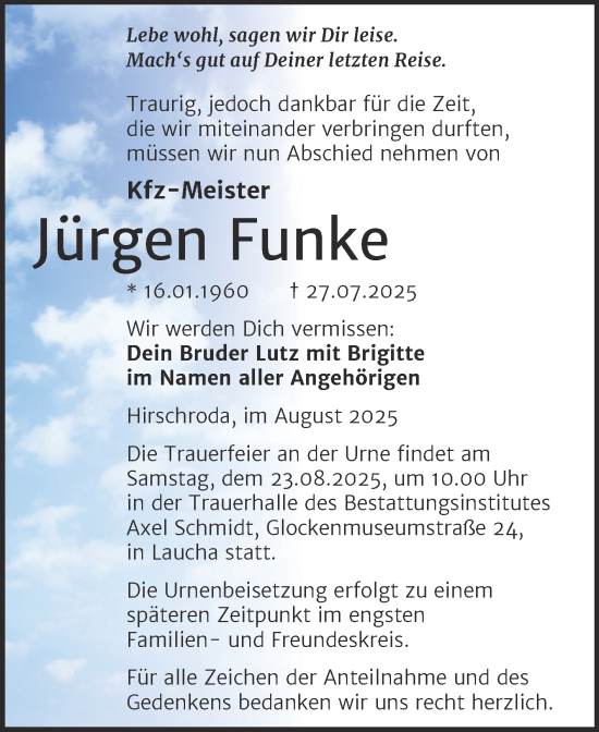 Traueranzeige von Jürgen Funke von Super Sonntag Naumburg/Nebra