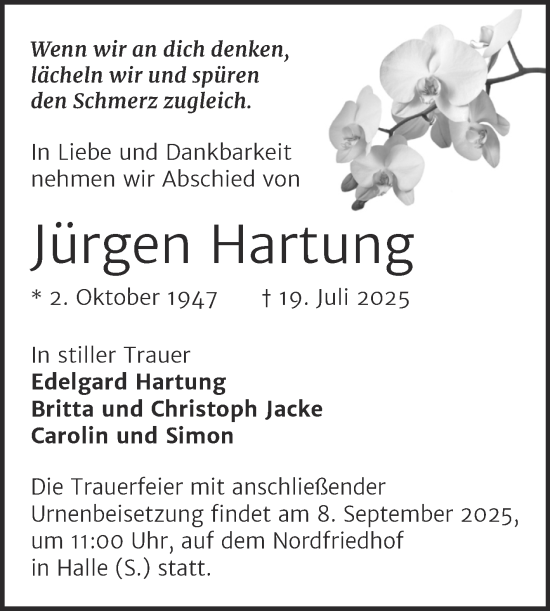 Traueranzeige von Jürgen Hartung von Mitteldeutsche Zeitung Halle/Saalkreis