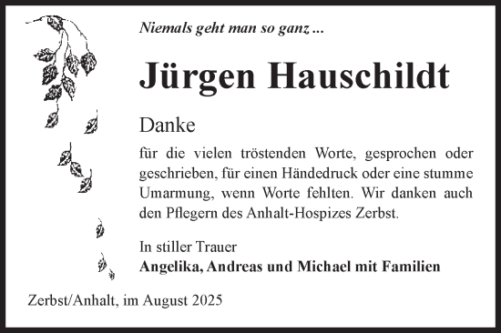 Traueranzeige von Jürgen Hauschildt von Volksstimme Zerbst