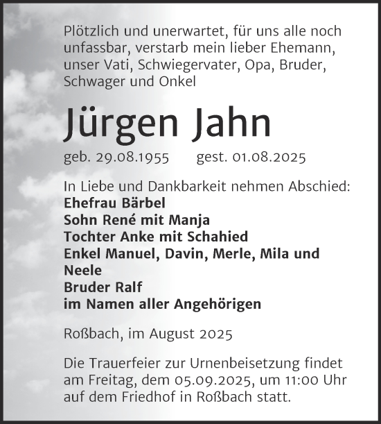 Traueranzeige von Jürgen Jahn von Trauerkombi Merseburg