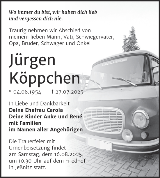 Traueranzeige von Jürgen Köppchen von Trauerkombi Bitterfeld