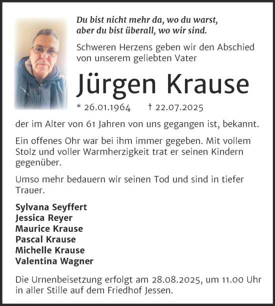 Traueranzeige von Jürgen Krause von Trauerkombi Wittenberg