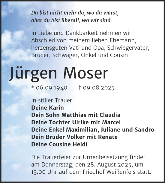 Traueranzeige von Jürgen Moser von Trauerkombi Weißenfels