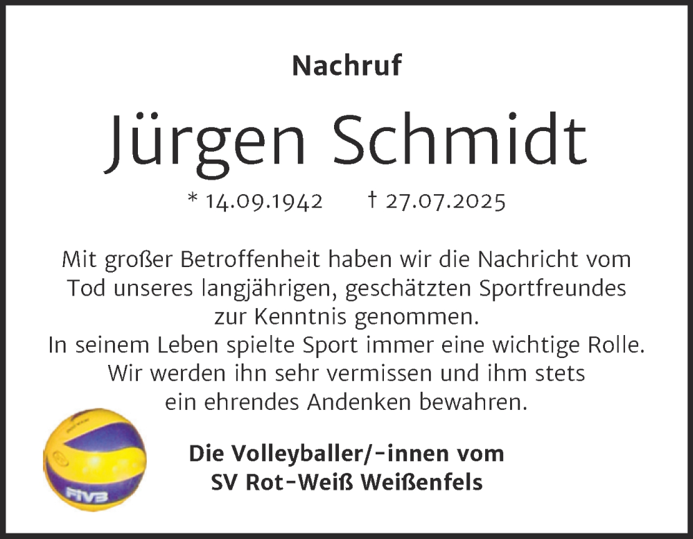  Traueranzeige für Jürgen Schmidt vom 30.08.2025 aus Trauerkombi Weißenfels