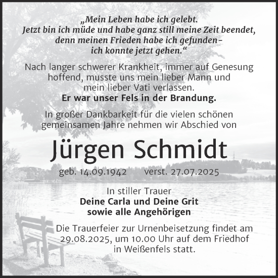 Traueranzeige von Jürgen Schmidt von Trauerkombi Weißenfels