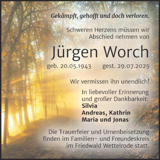 Traueranzeige von Jürgen Worch von Mitteldeutsche Zeitung Mansfelder Land