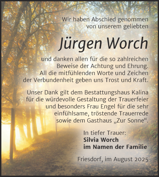 Traueranzeige von Jürgen Worch von Trauerkombi Mansfelder Land