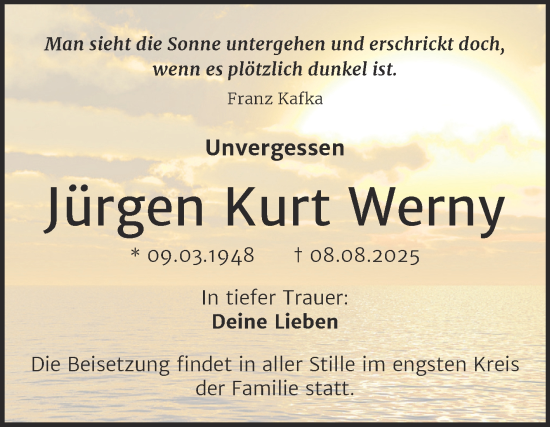 Traueranzeige von Jürgen Kurt Werny von Mitteldeutsche Zeitung Halle/Saalkreis