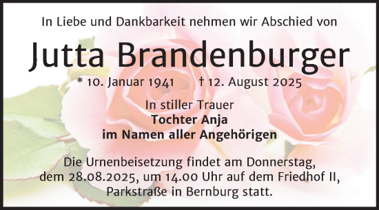 Traueranzeige von Jutta Brandenburger von Trauerkombi Bernburg