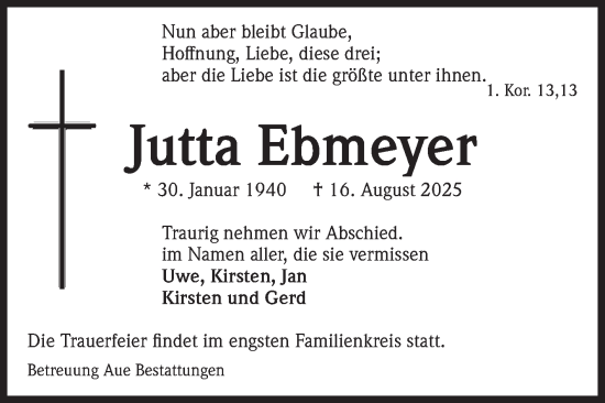 Traueranzeige von Jutta Ebmeyer von Volksstimme Magdeburg