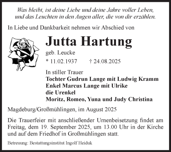 Traueranzeige von Jutta Hartung von Volksstimme Schönebeck