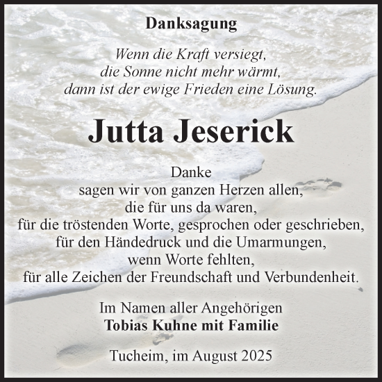 Traueranzeige von Jutta Jeserick von Volksstimme Burg/Genthin