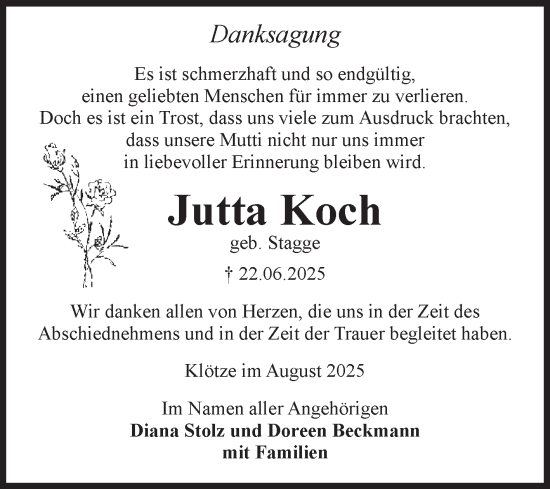 Traueranzeige von Jutta Koch von Volksstimme Altmark West