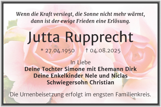 Traueranzeige von Jutta Rupprecht von Trauerkombi Bitterfeld