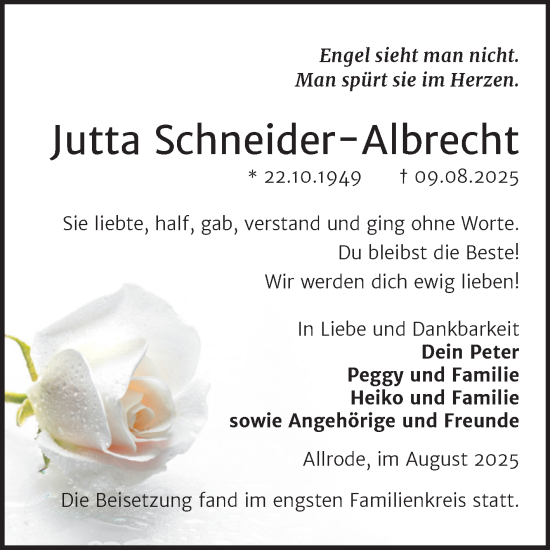 Traueranzeige von Jutta Schneider-Albrecht von Trauerkombi Quedlinburg