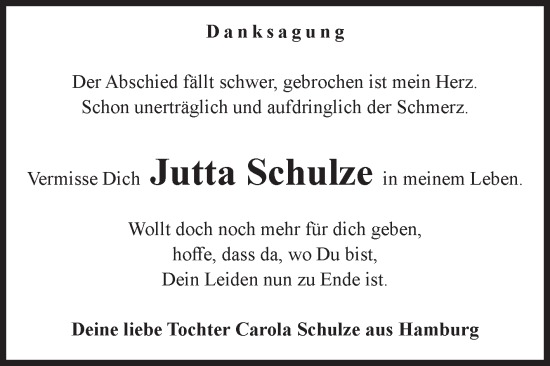 Traueranzeige von Jutta Schulze von Volksstimme Altmark Ost