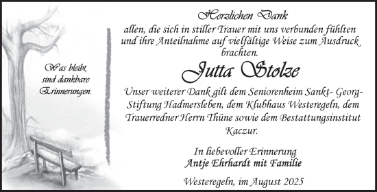 Traueranzeige von Jutta Stolze von Volksstimme Staßfurt