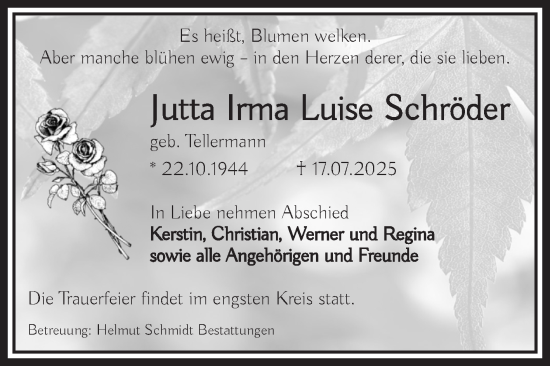 Traueranzeige von Jutta Irma Luise Schröder von Volksstimme Schönebeck