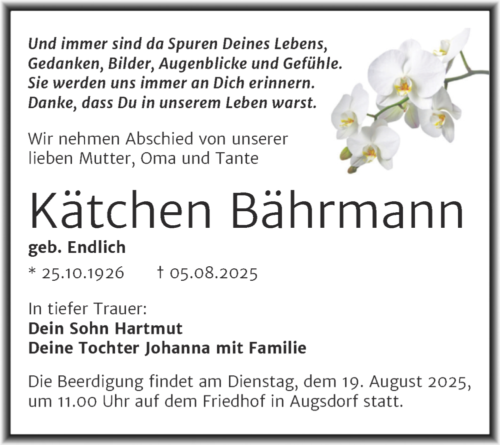  Traueranzeige für Kätchen Bährmann vom 16.08.2025 aus Trauerkombi Mansfelder Land