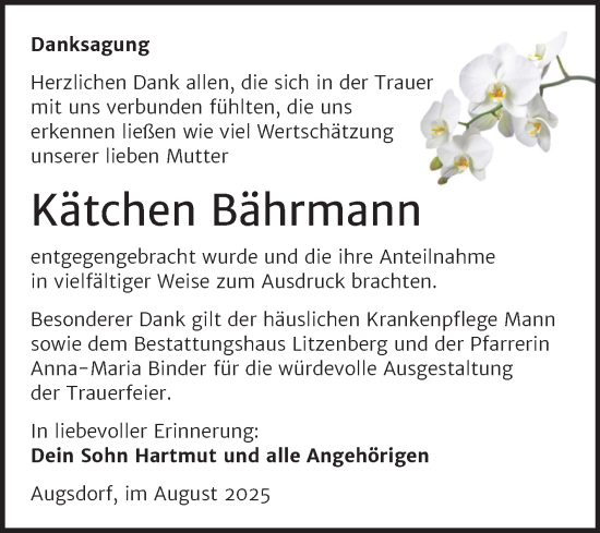 Traueranzeige von Kätchen Bährmann von Trauerkombi Mansfelder Land