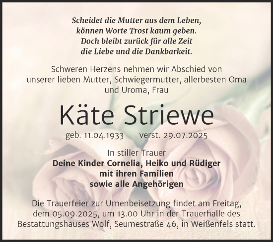 Traueranzeige von Käte Striewe von Trauerkombi Weißenfels