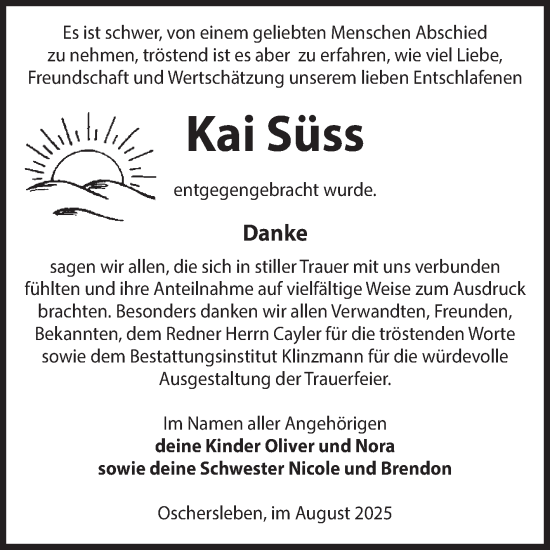 Traueranzeige von Kai Süss von Volksstimme Oschersleben/Wanzleben