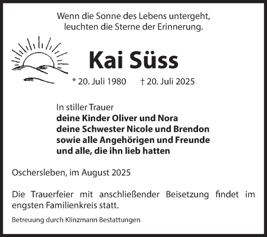 Traueranzeige von Kai Süss von Volksstimme Oschersleben/Wanzleben