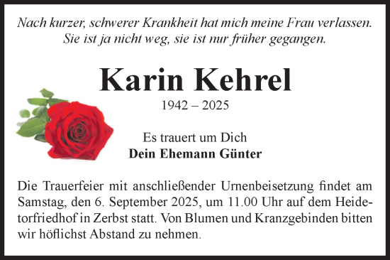 Traueranzeige von Karin Kehrel von Volksstimme Zerbst