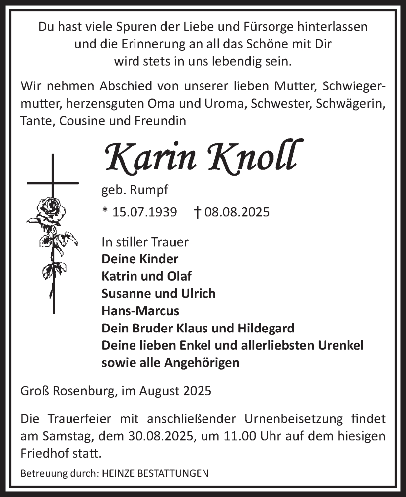  Traueranzeige für Karin Knoll vom 16.08.2025 aus Volksstimme Schönebeck