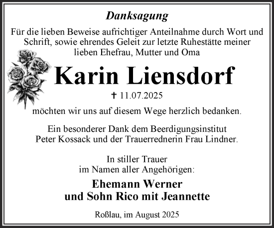 Traueranzeige von Karin Liensdorf von Trauerkombi Dessau