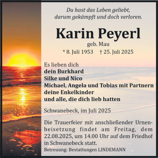 Traueranzeige von Karin Peyerl von Volksstimme Halberstadt