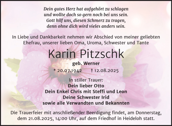Traueranzeige von Karin Pitzschk von Mitteldeutsche Zeitung Bitterfeld