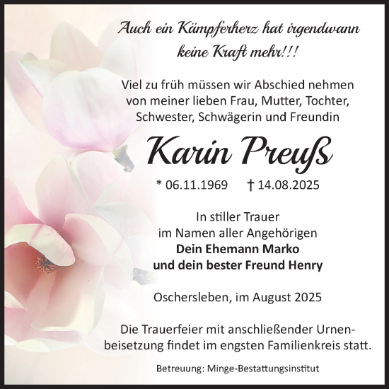 Traueranzeige von Karin Preuß von Volksstimme Oschersleben/Wanzleben