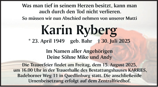 Traueranzeige von Karin Ryberg von Trauerkombi Quedlinburg