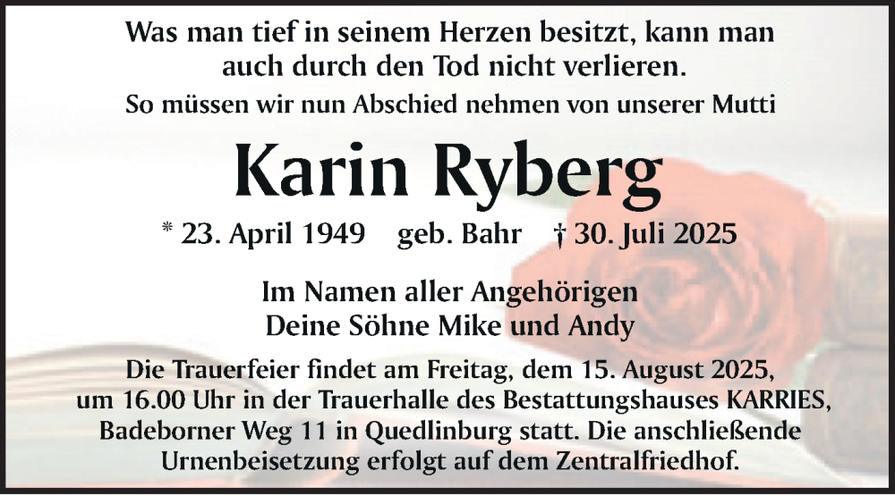  Traueranzeige für Karin Ryberg vom 09.08.2025 aus Trauerkombi Quedlinburg