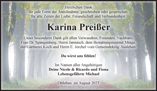 Traueranzeige von Karina Preißer von Volksstimme Oschersleben/Wanzleben