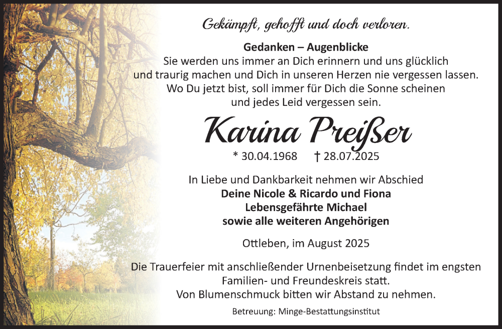  Traueranzeige für Karina Preißer vom 09.08.2025 aus Volksstimme Oschersleben/Wanzleben