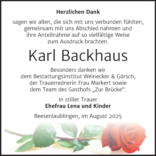 Traueranzeige von Karl Backhaus von Trauerkombi Bernburg