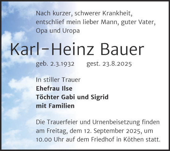 Traueranzeige von Karl-Heinz Bauer von Trauerkombi Köthen
