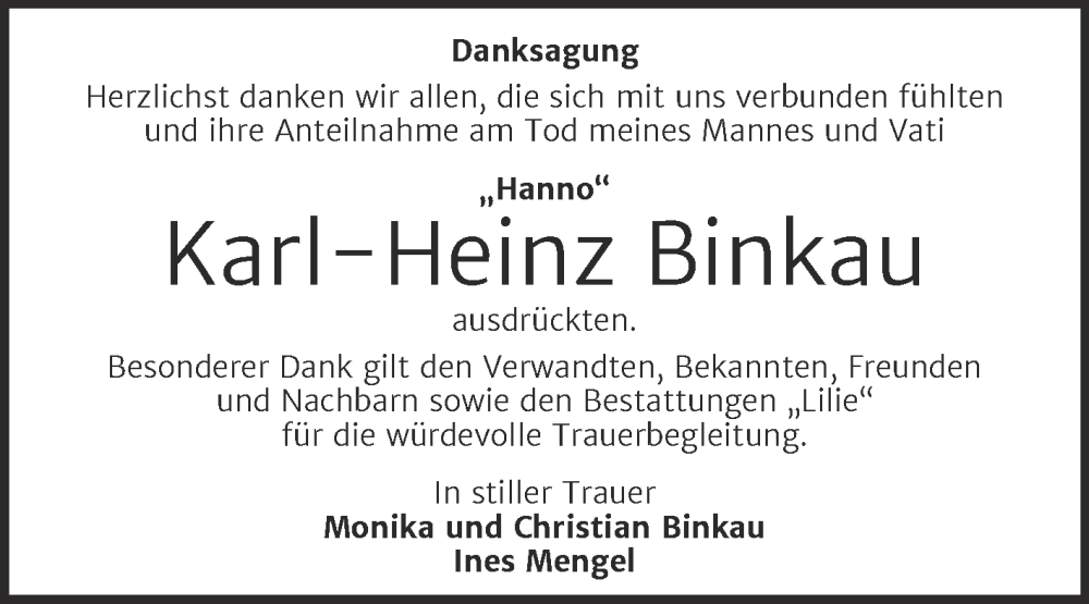  Traueranzeige für Karl-Heinz Binkau vom 30.08.2025 aus Trauerkombi Dessau