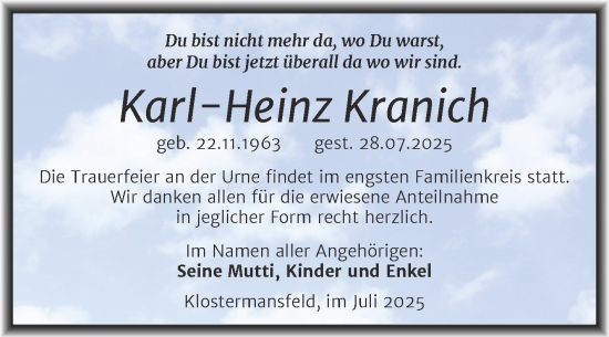 Traueranzeige von Karl-Heinz Kranich von Trauerkombi Mansfelder Land