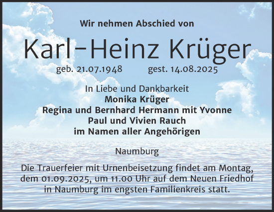 Traueranzeige von Karl-Heinz Krüger von Naumburger Tageblatt