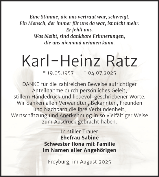 Traueranzeige von Karl-Heinz Ratz von Super Sonntag Naumburg/Nebra