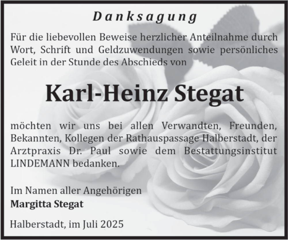  Traueranzeige für Karl-Heinz Stegat vom 02.08.2025 aus Volksstimme Halberstadt