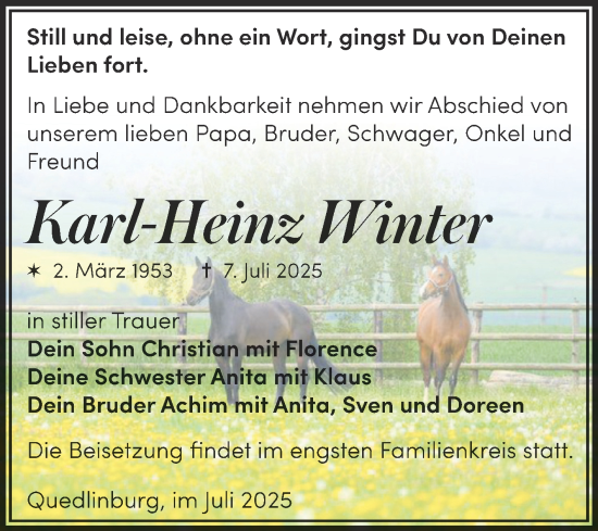 Traueranzeige von Karl-Heinz Winter von Trauerkombi Quedlinburg