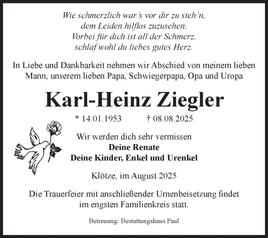 Traueranzeige von Karl-Heinz Ziegler von Volksstimme Altmark West
