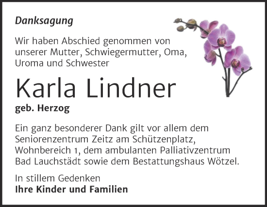 Traueranzeige von Karla Lindner von Trauerkombi Zeitz